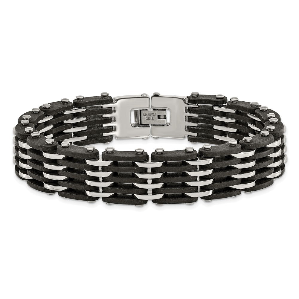 Chisel Stainless Steel Polished with Black Rubber 8.25 inch Link Bracelet SRB1372-8.25