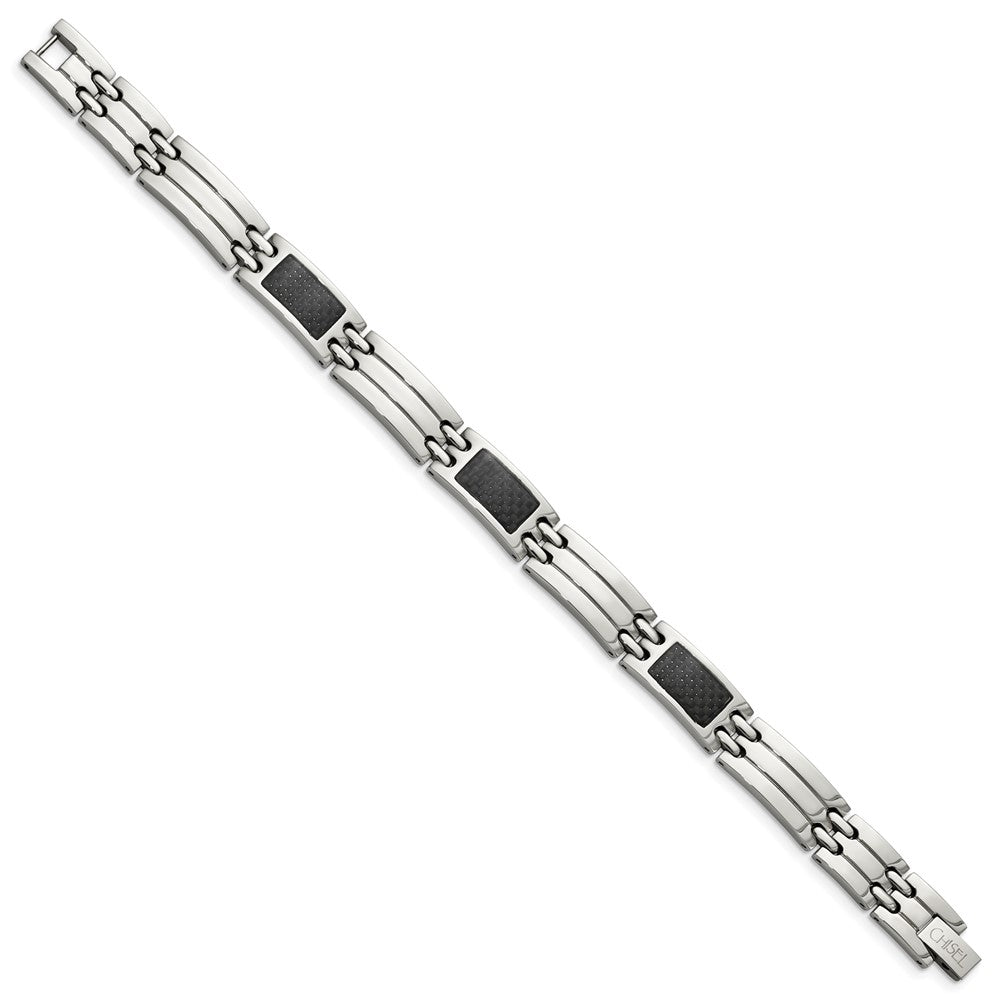 Chisel Stainless Steel Brushed and Polished with Black Carbon Fiber Inlay 8.5 inch Link Bracelet SRB141-8.5