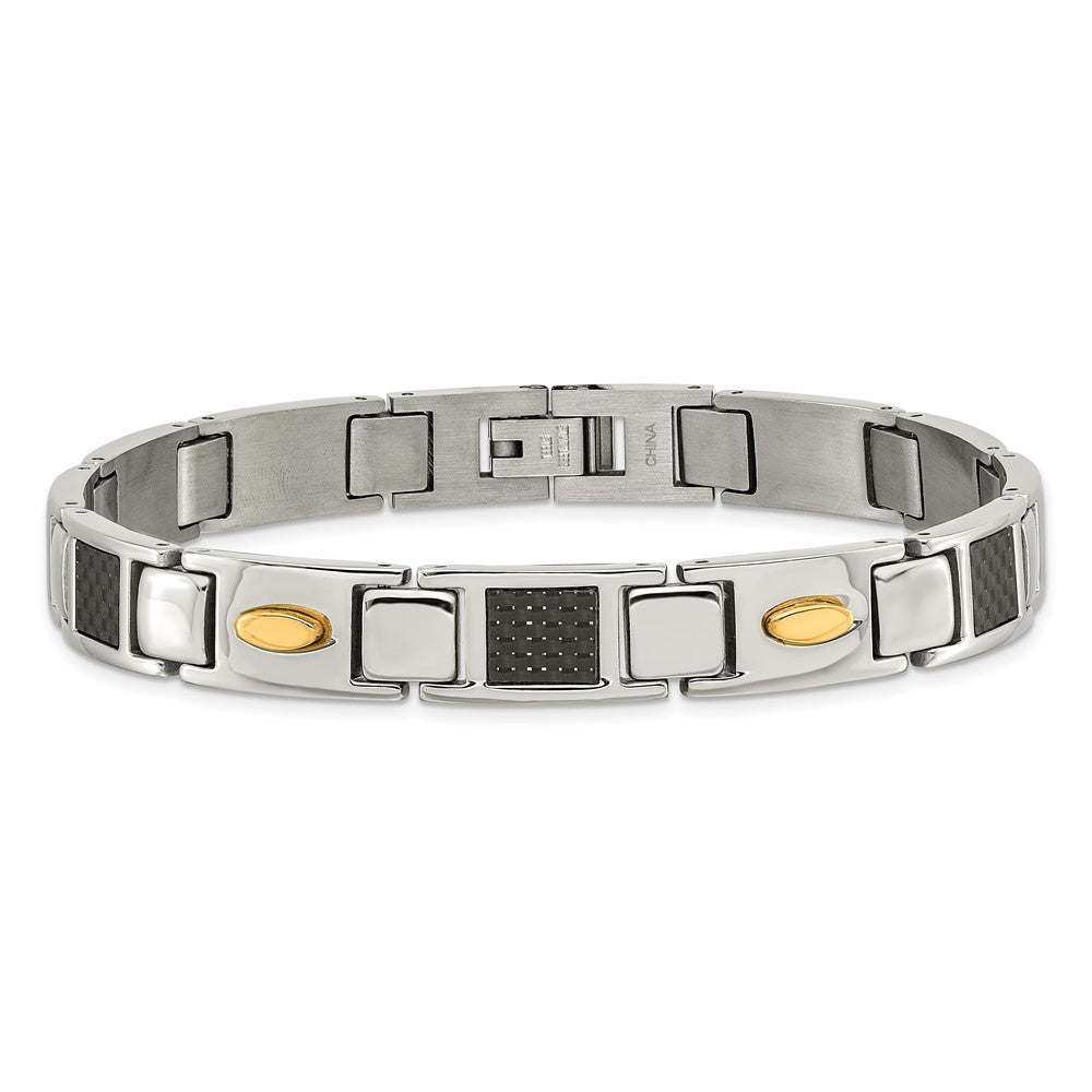 Chisel Stainless Steel Polished Yellow IP-plated with Black Carbon Fiber Inlay 8.5 inch Link Bracelet SRB142-9.5