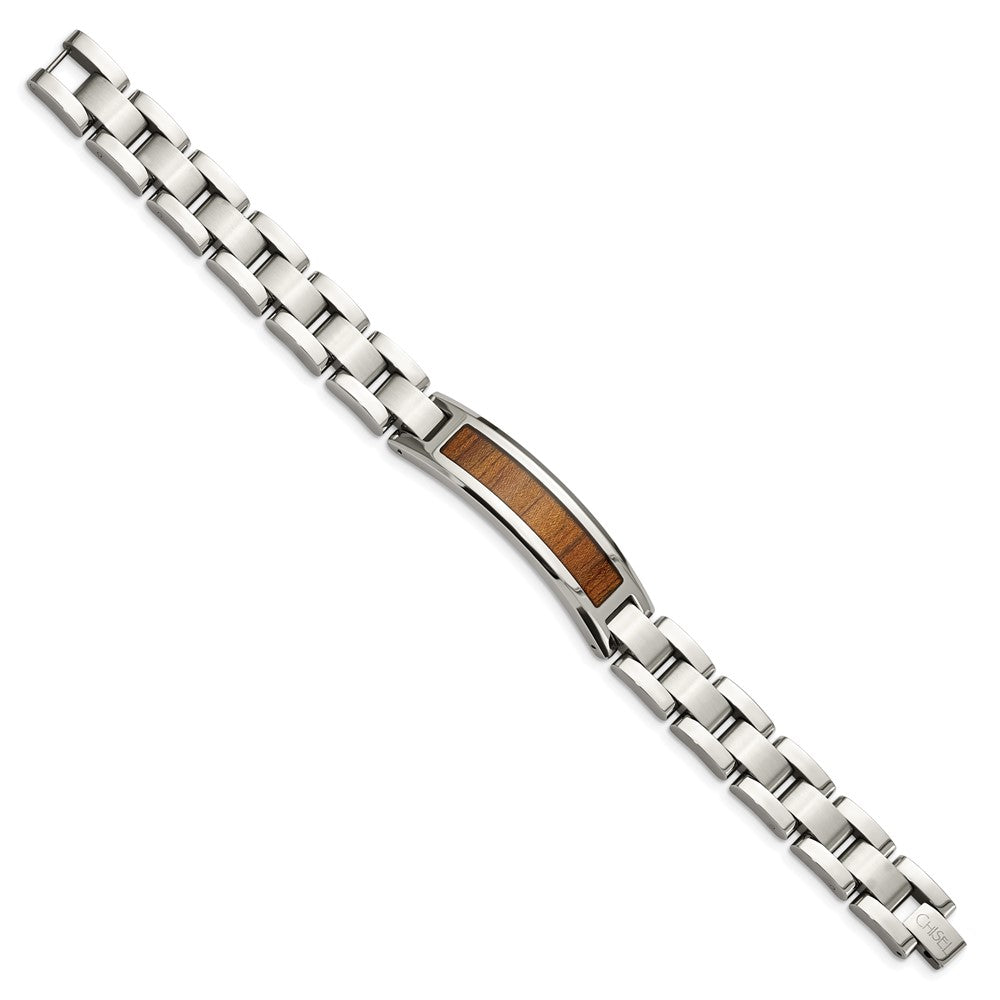 Chisel Stainless Steel Brushed and Polished Enameled with Koa Wood Inlay 8.5in Link ID Bracelet SRB1492-8.5