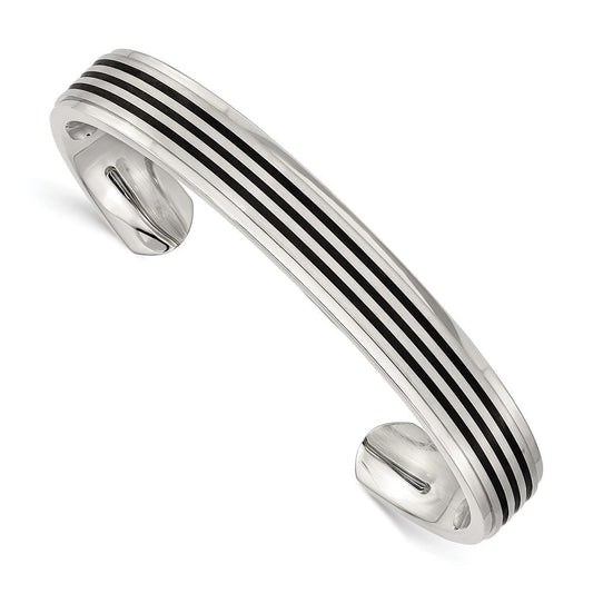 Chisel Stainless Steel Brushed and Polished Black Rubber Inlay Cuff Bangle SRB1519