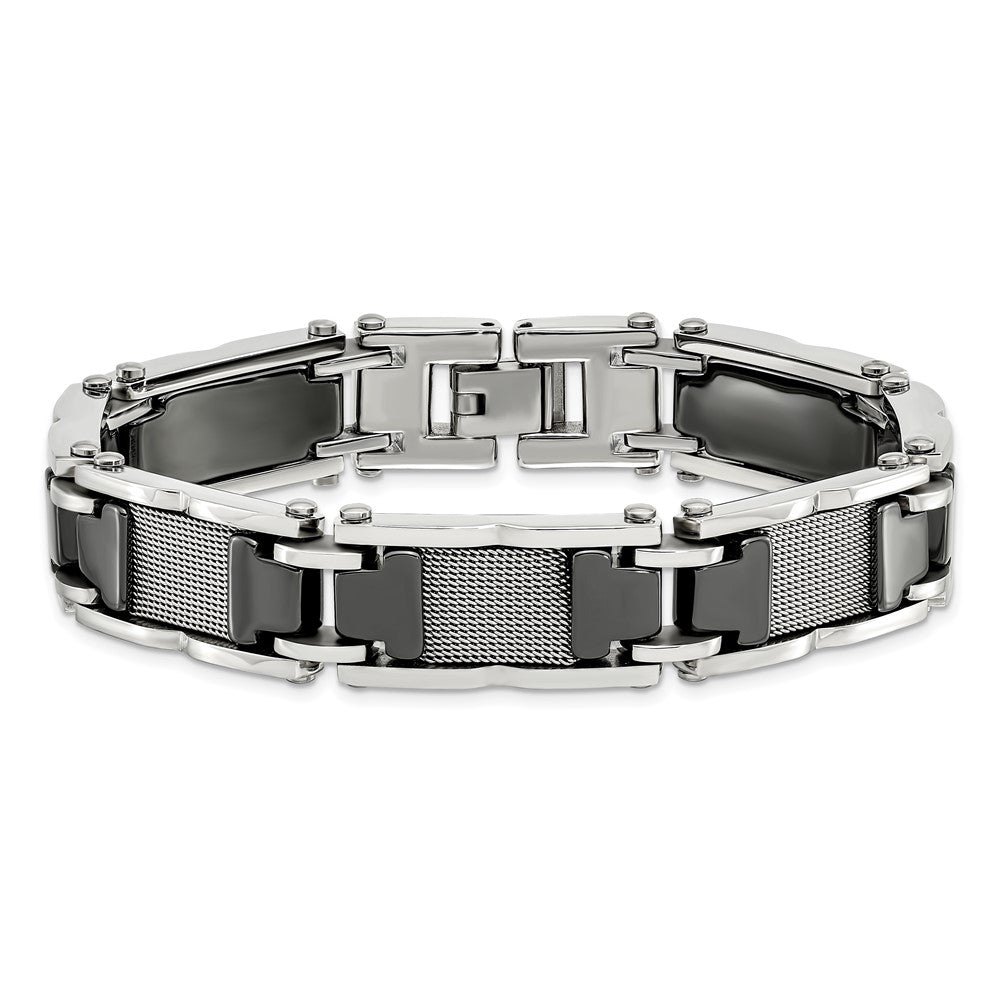 Chisel Stainless Steel Polished Mesh with Black Ceramic 8.25 inch Link Bracelet SRB1523-8.25