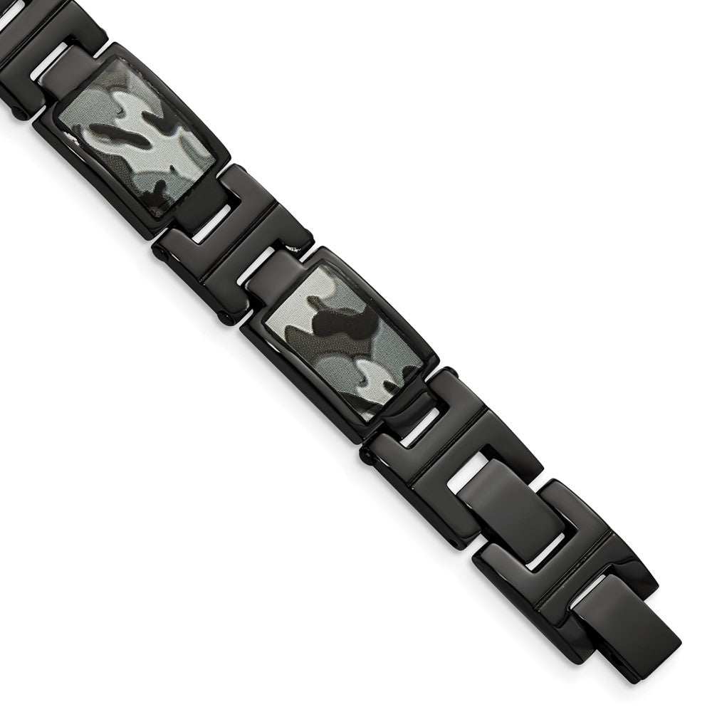 Chisel Stainless Steel Polished Black IP-plated Camo Enamel 8.5 inch Link Bracelet SRB1598-8.5