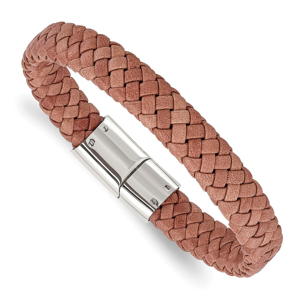 Chisel Stainless Steel Polished Light Brown Braided Leather 8.25 inch Bracelet SRB1624-8.25