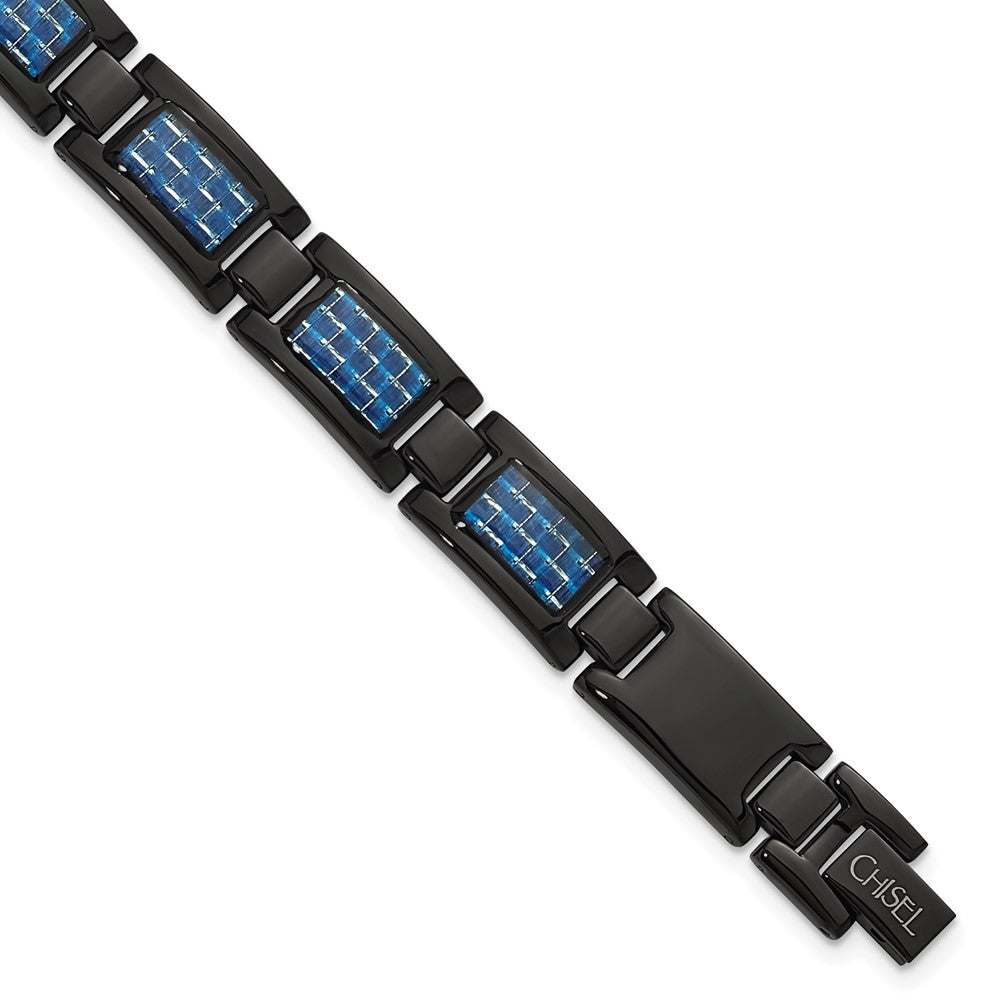 Chisel Stainless Steel Polished Black IP-plated with Blue Carbon Fiber Inlay 8.25 inch Link Bracelet SRB1643-8.25