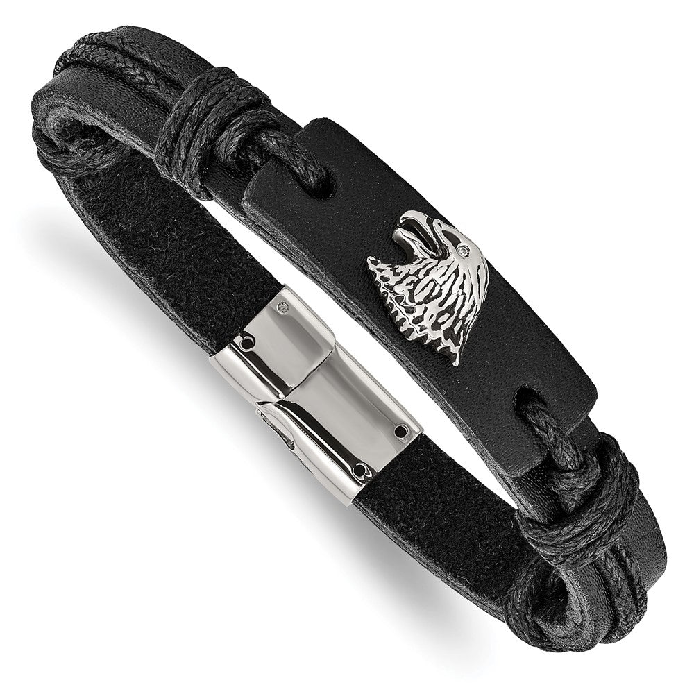 Chisel Stainless Steel Antiqued and Polished Eagle Head Black Leather 8.5 inch Bracelet SRB1658-8.5