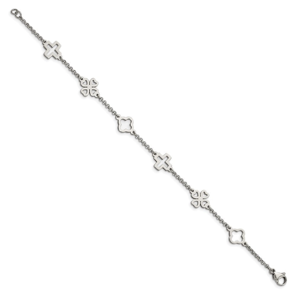 Chisel Stainless Steel Polished Cross and Clovers 7.5 inch Bracelet SRB1694-7.5