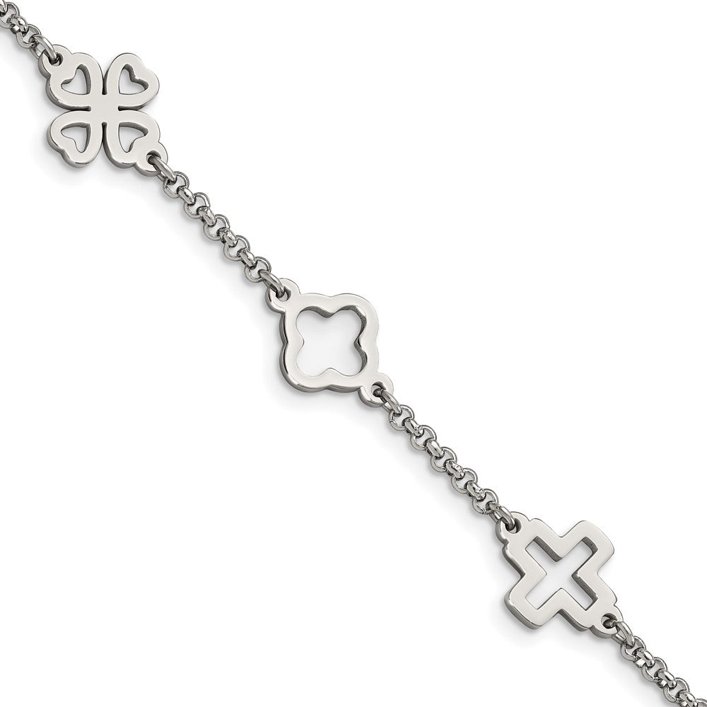Chisel Stainless Steel Polished Cross and Clovers 7.5 inch Bracelet SRB1694-7.5