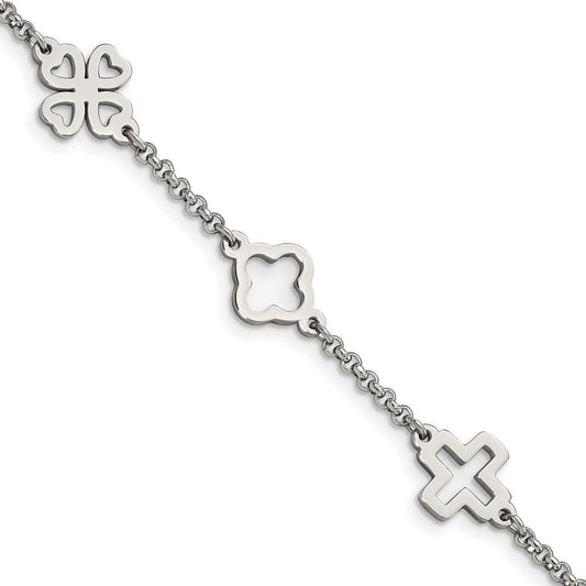 Chisel Stainless Steel Polished Cross and Clovers 7.5 inch Bracelet SRB1694-7.5