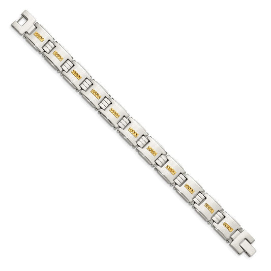 Chisel Stainless Steel Polished with Diamond-cut 14k Gold Inlay 8 inch Link Bracelet SRB1709-8