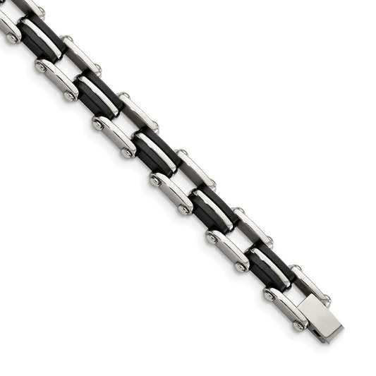 Chisel Stainless Steel Polished with Black Rubber 8.75 inch Link Bracelet SRB175-8.75