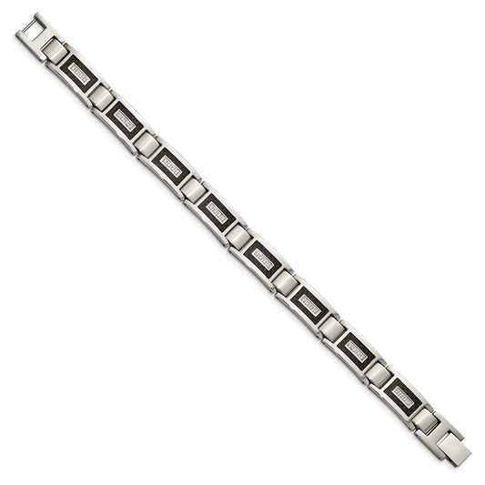 Chisel Stainless Steel Brushed and Polished with CZ and Black Carbon Fiber Inlay 8.75 inch Link Bracelet SRB1795-8.75
