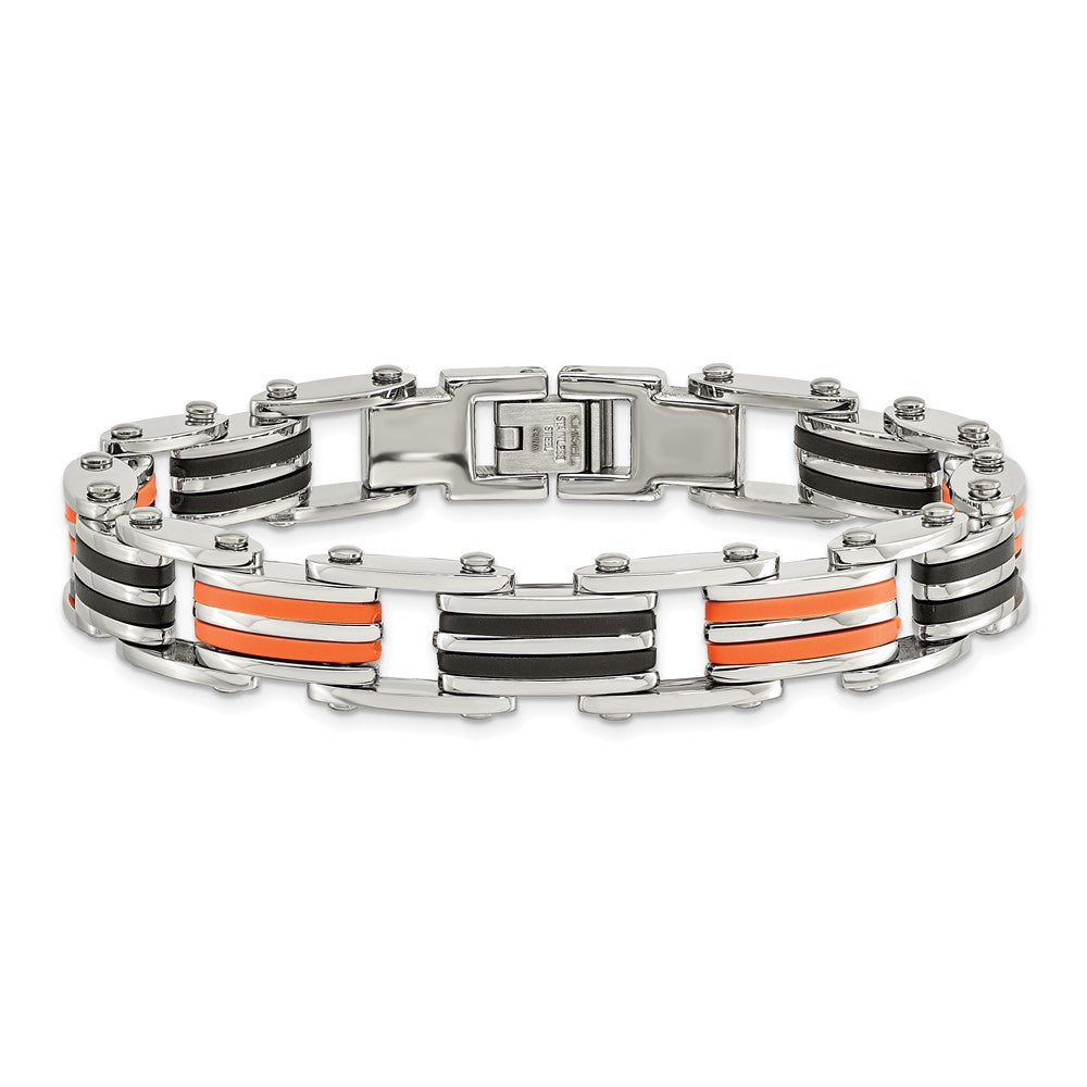 Chisel Stainless Steel Polished with Black and Orange Rubber 8.5 inch Link Bracelet SRB183-8.75