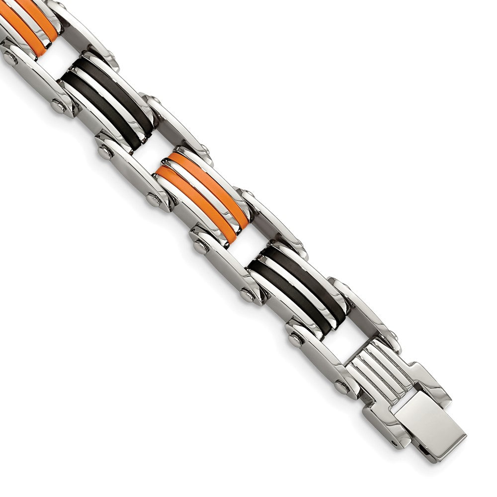Chisel Stainless Steel Polished with Black and Orange Rubber 8.5 inch Link Bracelet SRB183-8.75