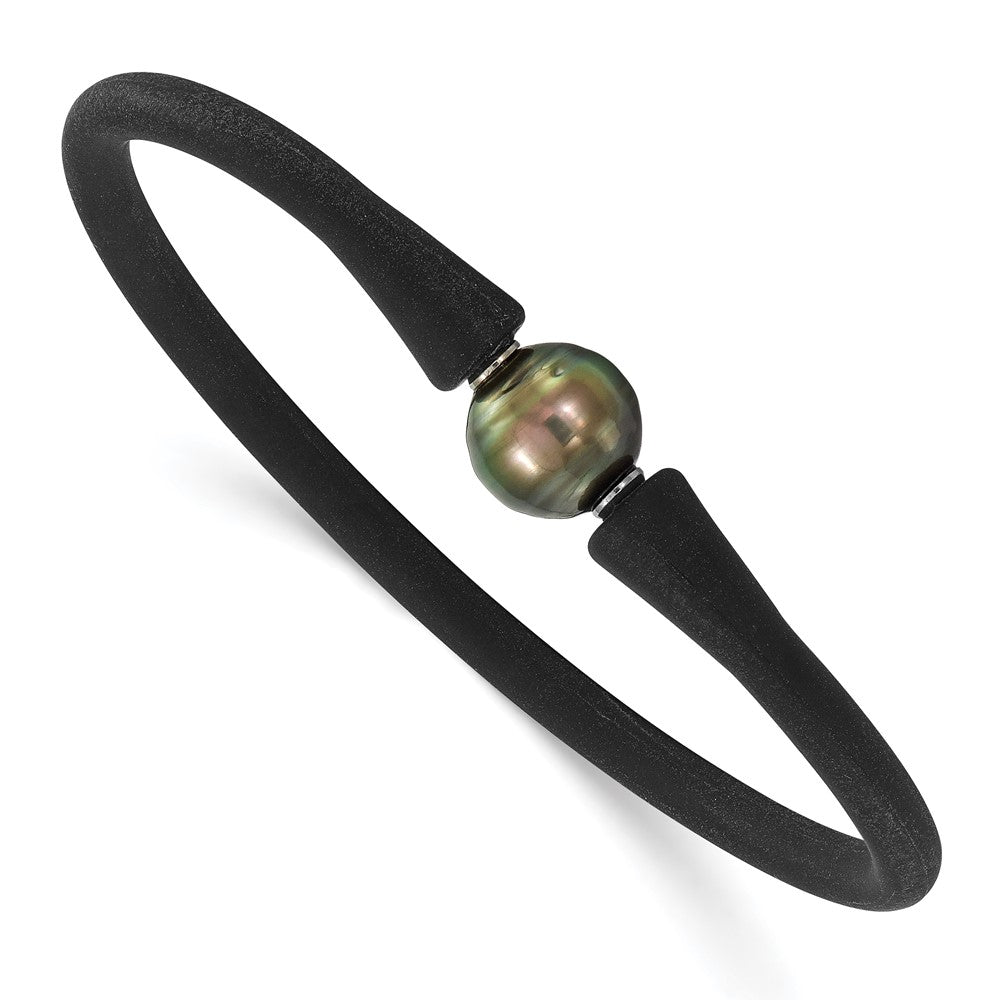 Chisel Stainless Steel 10-11mm Black Tahitian Pearl Black Silicone Bracelet with Hidden Clasp SRB1854