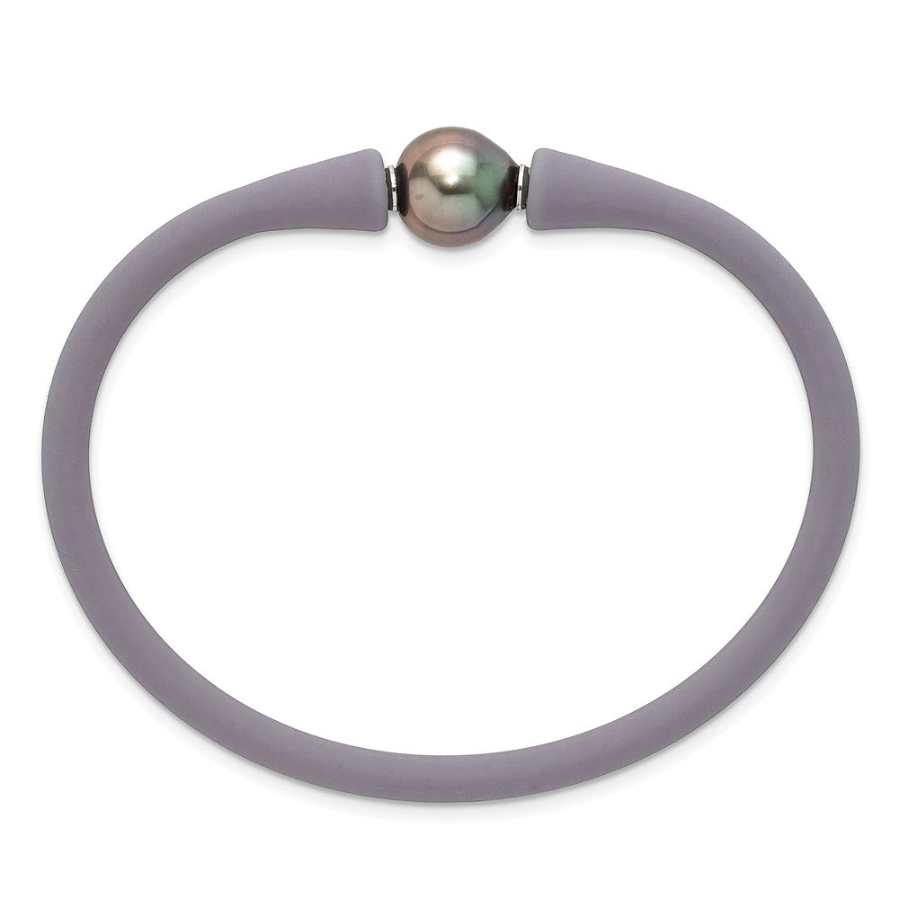 Stainless Steel 10-11mm Black Tahitian Pearl Grey Silicone Bracelet SRB1854GR