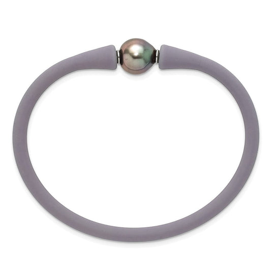 Stainless Steel 10-11mm Black Tahitian Pearl Grey Silicone Bracelet SRB1854GR
