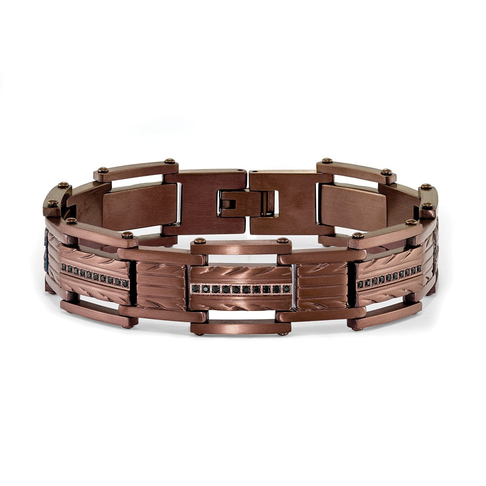 Chisel Stainless Steel Brushed and Textured Brown IP-plated with Black CZ 8.25 inch Link Bracelet SRB1904-8.25