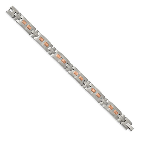 Chisel Stainless Steel Brushed and Textured Rose IP-plated with CZ 8.5 inch Link Bracelet SRB1906-8.5