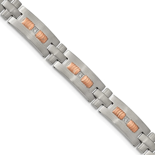 Chisel Stainless Steel Brushed and Textured Rose IP-plated with CZ 8.5 inch Link Bracelet SRB1906-8.5