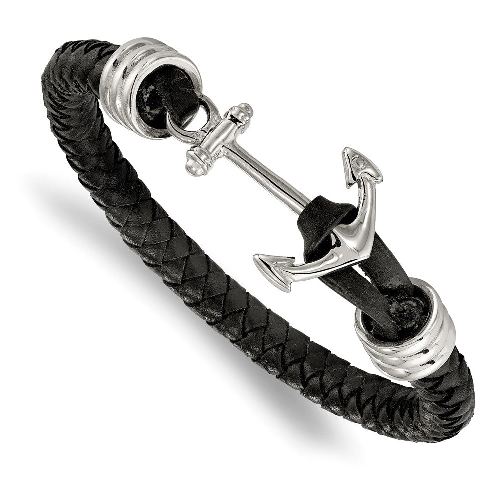Chisel Stainless Steel Polished Anchor Black Braided Leather 8.5 inch Bracelet SRB1910-8.5