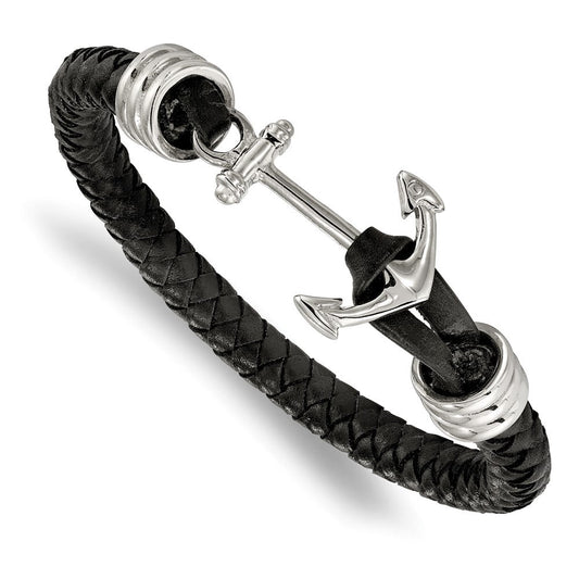 Chisel Stainless Steel Polished Anchor Black Braided Leather 8.5 inch Bracelet SRB1910-8.5