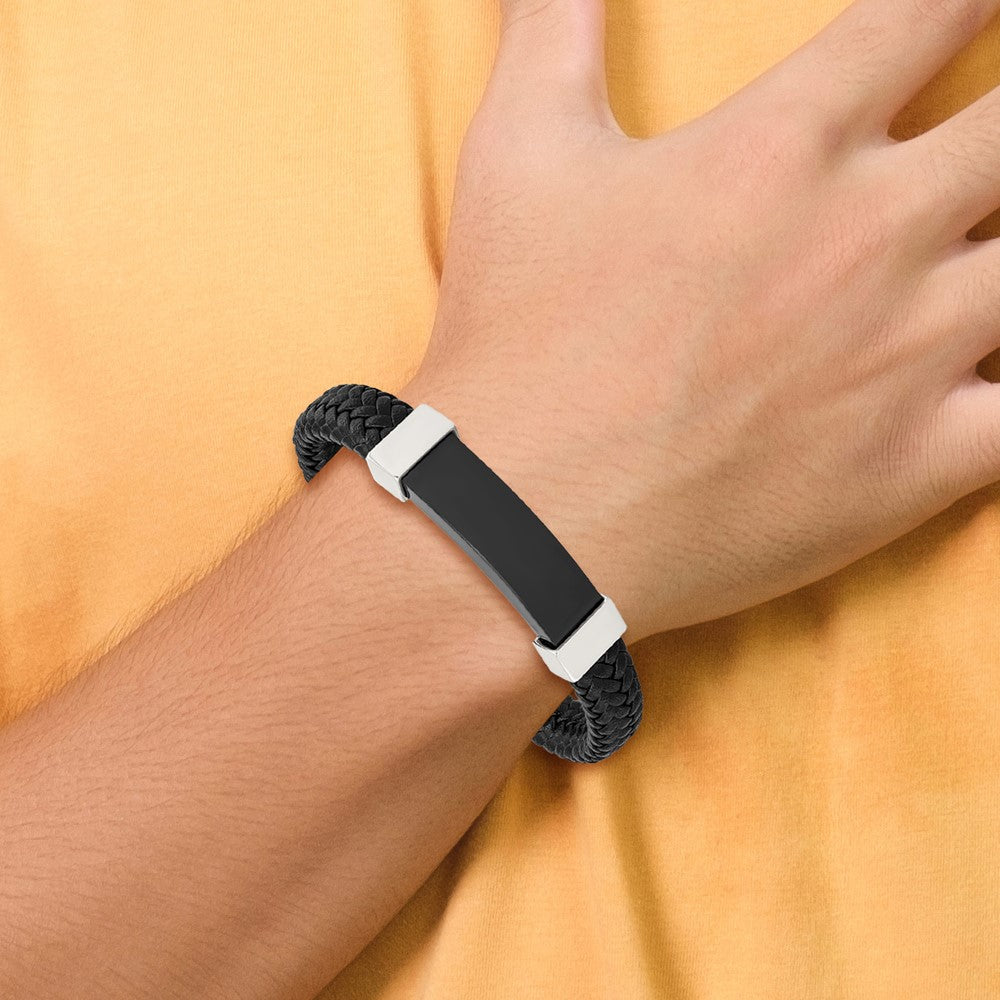 Chisel Stainless Steel Polished Black IP-plated Black Braided Leather 8.5 inch Bracelet SRB1920-8.5