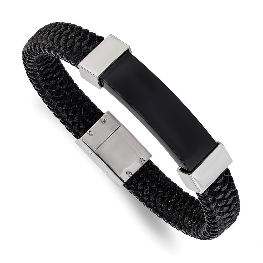 Chisel Stainless Steel Polished Black IP-plated Black Braided Leather 8.5 inch Bracelet SRB1920-8.5