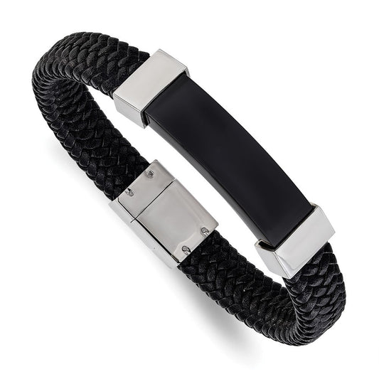 Chisel Stainless Steel Polished Black IP-plated Black Braided Leather 8.5 inch Bracelet SRB1920-8.5