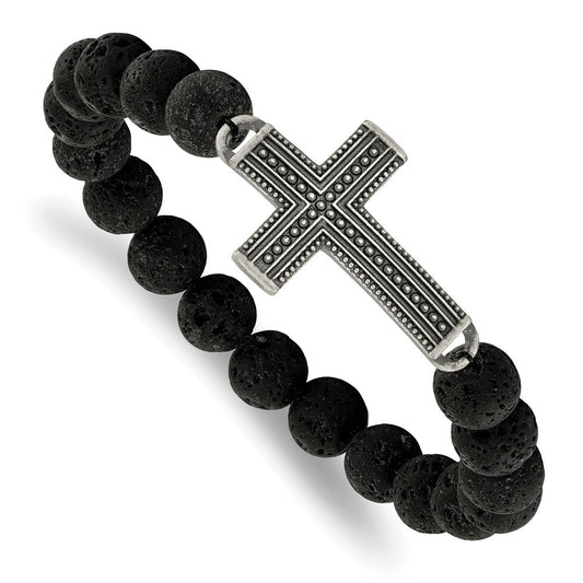 Chisel Stainless Steel Antiqued Gun Metal IP-plated Cross 10.5mm Lava Stone Beaded Stretch Bracelet SRB1923
