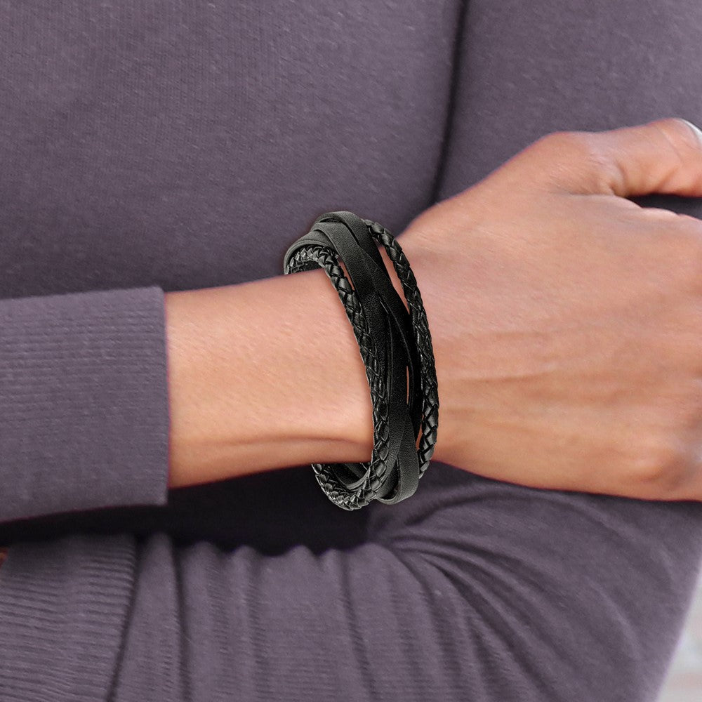 Chisel Stainless Steel Brushed Multi Strand Black Braided Leather 8.25 inch Bracelet SRB1942-8.25