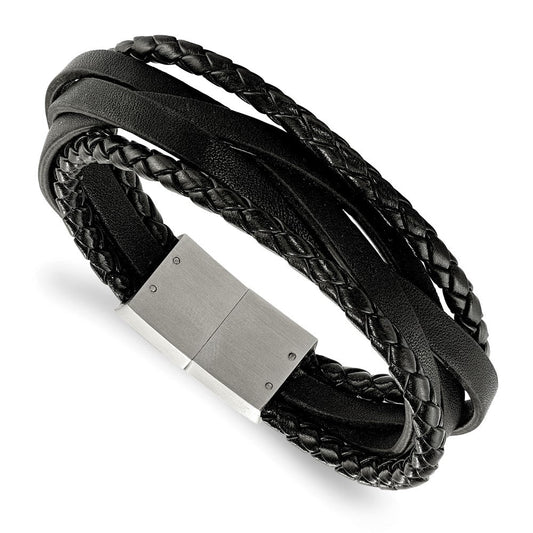 Chisel Stainless Steel Brushed Multi Strand Black Braided Leather 8.25 inch Bracelet SRB1942-8.25