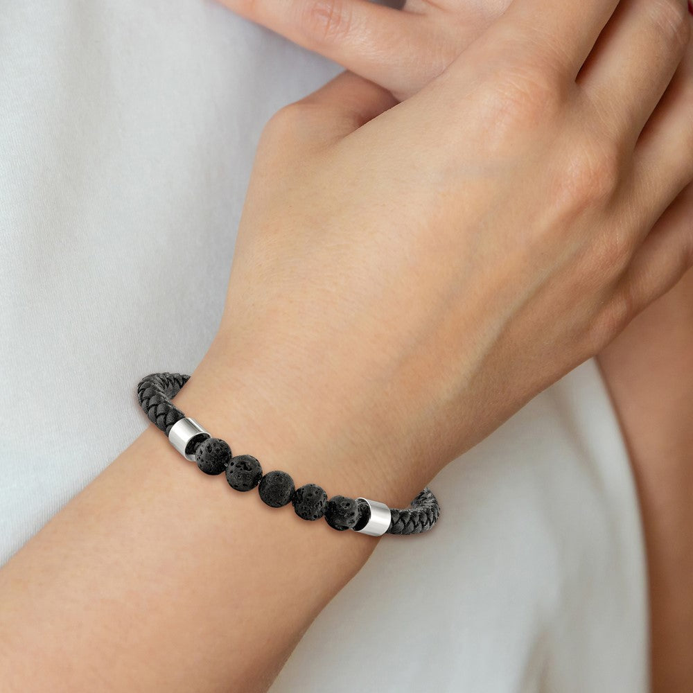 Chisel Stainless Steel Polished with Lava Stone Beads Black Leather 8.75 inch Bracelet SRB1944-8.75