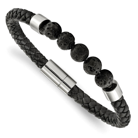 Chisel Stainless Steel Polished with Lava Stone Beads Black Leather 8.75 inch Bracelet SRB1944-8.75