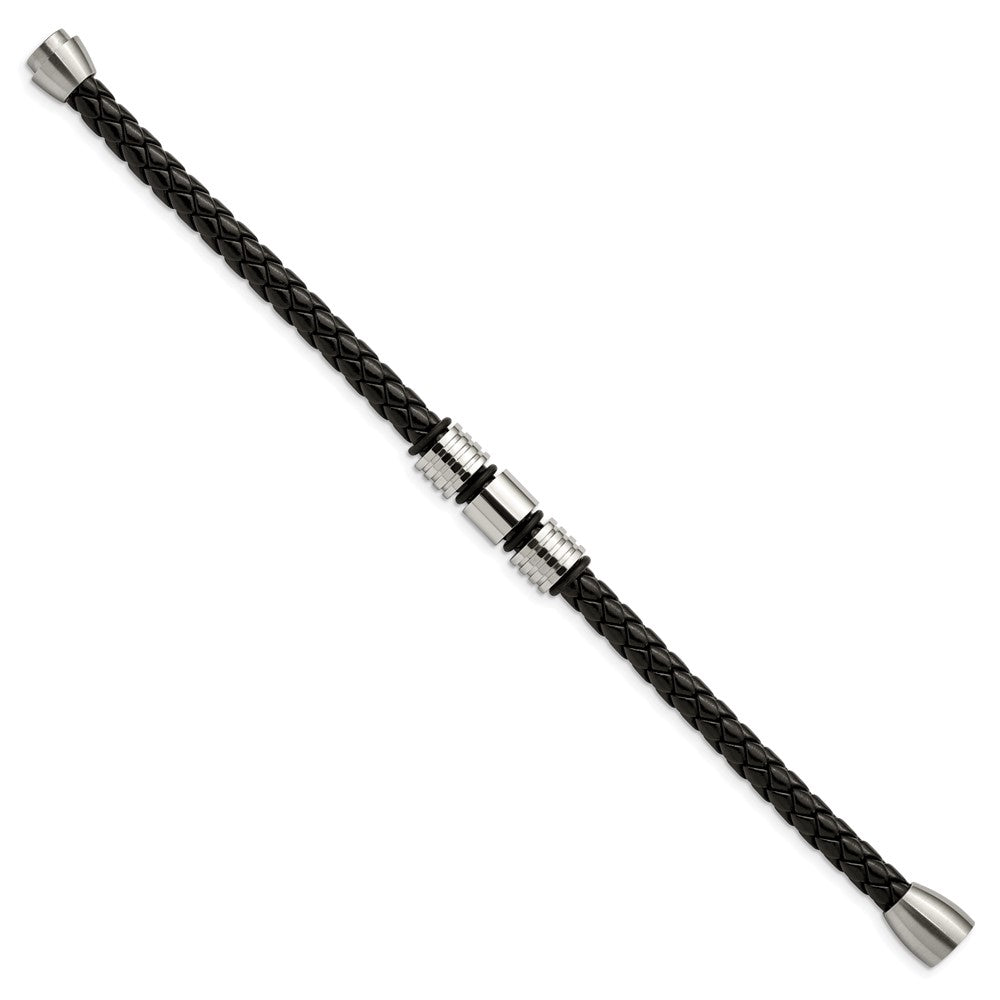 Chisel Stainless Steel Brushed and Polished Braided Black Leather 8.5 inch Bracelet SRB1992-8.5