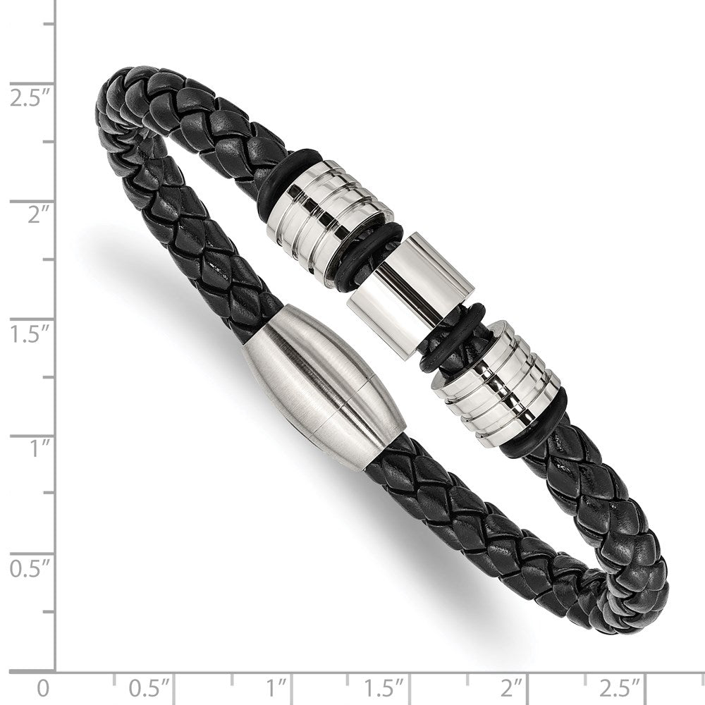 Chisel Stainless Steel Brushed and Polished Braided Black Leather 8.5 inch Bracelet SRB1992-8.5