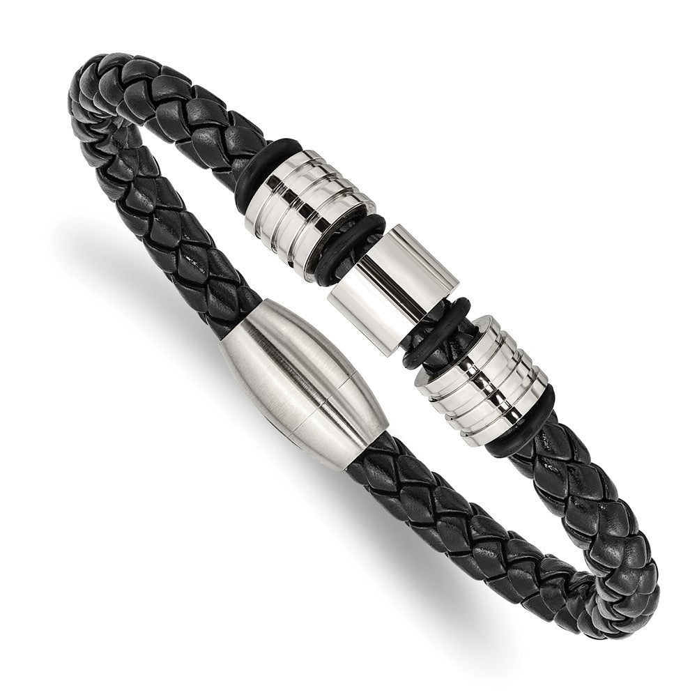 Chisel Stainless Steel Brushed and Polished Braided Black Leather 8.5 inch Bracelet SRB1992-8.5