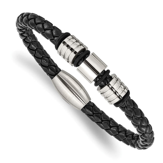 Chisel Stainless Steel Brushed and Polished Braided Black Leather 8.5 inch Bracelet SRB1992-8.5