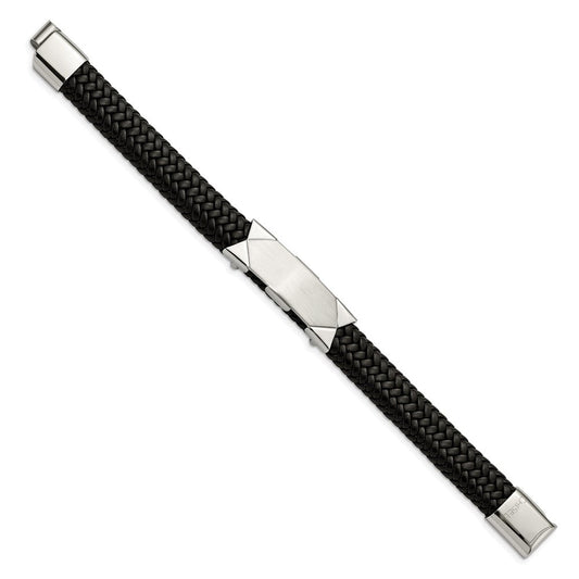 Chisel Stainless Steel Brushed and Polished Braided Black Leather 8.5 inch ID Bracelet SRB2004-8.5