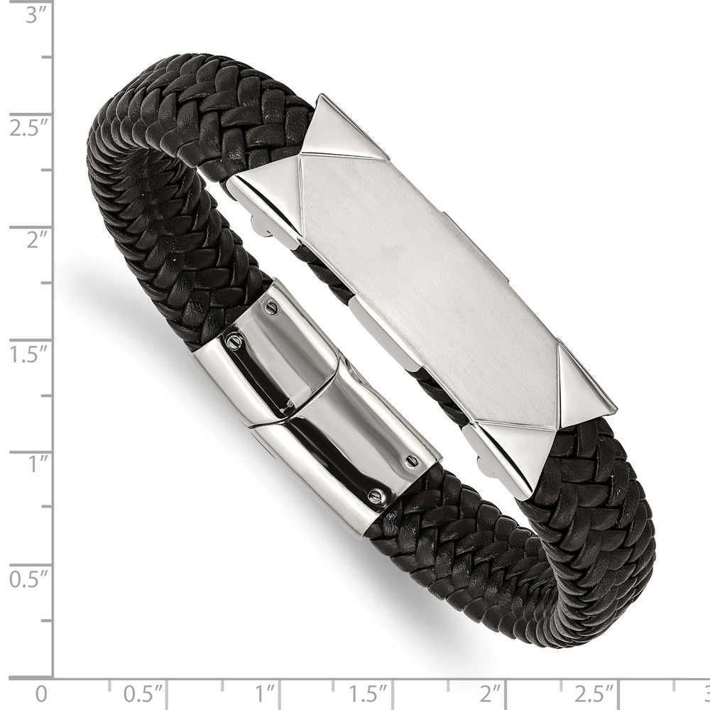 Chisel Stainless Steel Brushed and Polished Braided Black Leather 8.5 inch ID Bracelet SRB2004-8.5