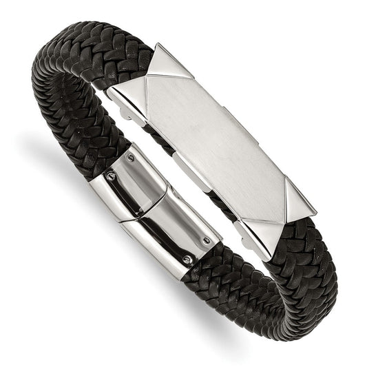 Chisel Stainless Steel Brushed and Polished Braided Black Leather 8.5 inch ID Bracelet SRB2004-8.5