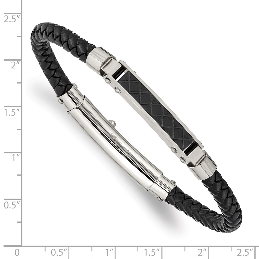 Chisel Stainless Steel Polished and Textured Black IP-plated Black Braided Leather Adjustable 7.5 and 8 inch Bracelet SRB2017
