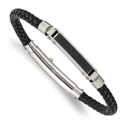 Chisel Stainless Steel Polished and Textured Black IP-plated Black Braided Leather Adjustable 7.5 and 8 inch Bracelet SRB2017