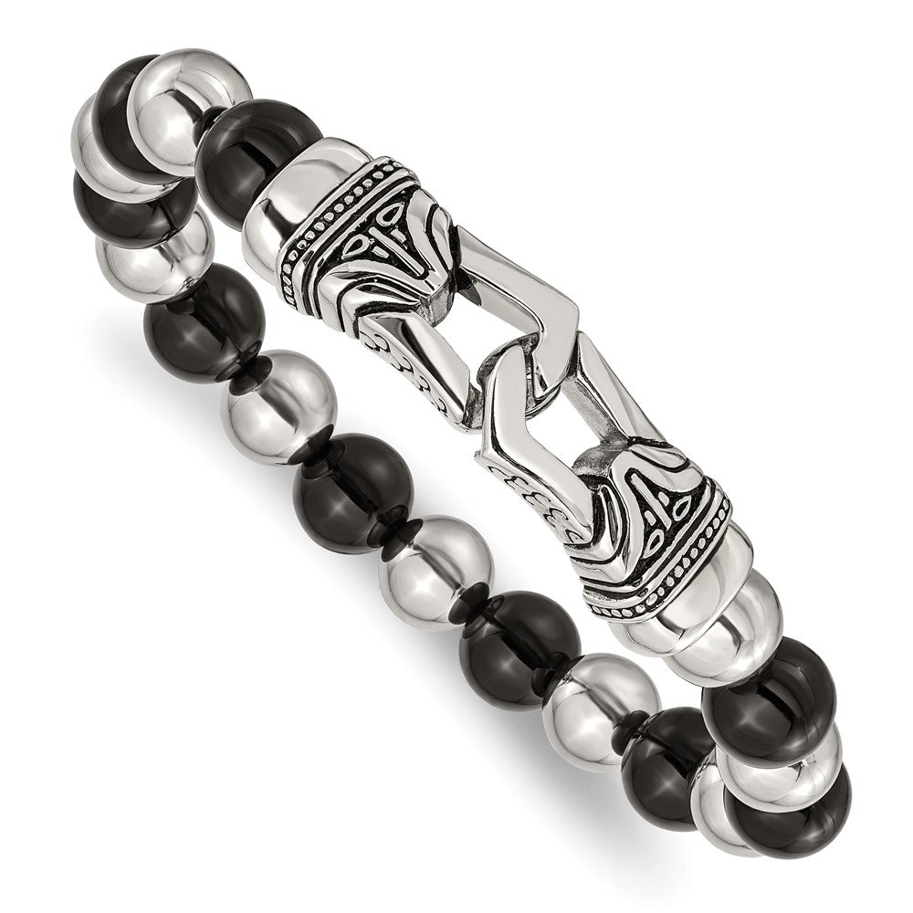 Chisel Stainless Steel Antiqued and Polished 10mm Black Agate Beaded Stretch Bracelet SRB2020