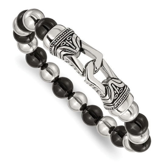 Chisel Stainless Steel Antiqued and Polished 10mm Black Agate Beaded Stretch Bracelet SRB2020