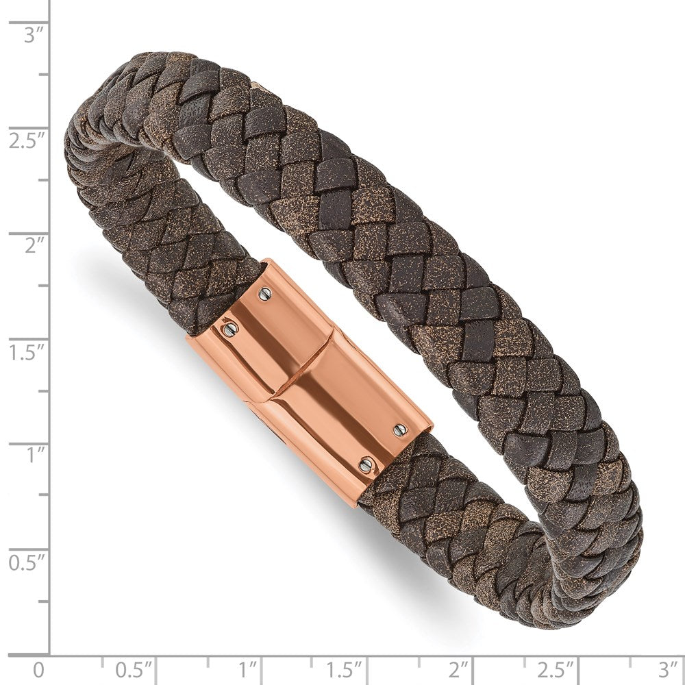 Chisel Stainless Steel Polished Rose IP-plated Brown Braided Leather 8.5 inch Bracelet SRB2031-8.5