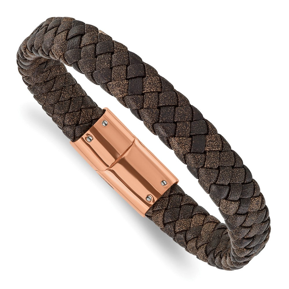 Chisel Stainless Steel Polished Rose IP-plated Brown Braided Leather 8.5 inch Bracelet SRB2031-8.5