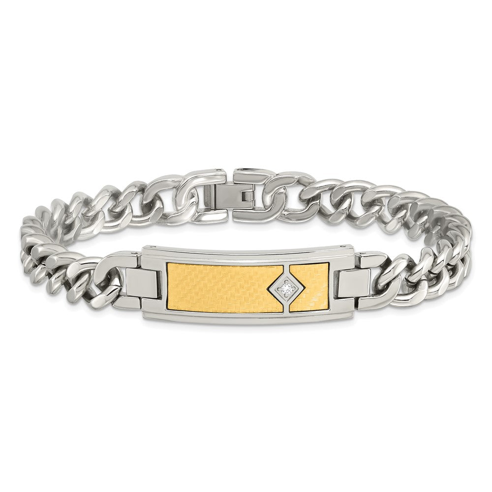 Chisel Stainless Steel Polished with 18k Gold Weave Texture and .05 carat Diamond 9 inch ID Bracelet SRB2040-9.5