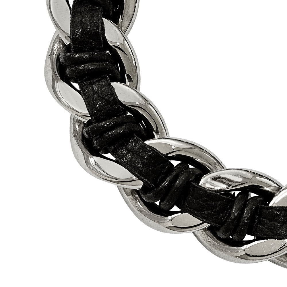 Chisel Stainless Steel Antiqued and Polished Dragon Head Curb Chain with Black Leather 8.5 inch Bracelet SRB2044-8.5