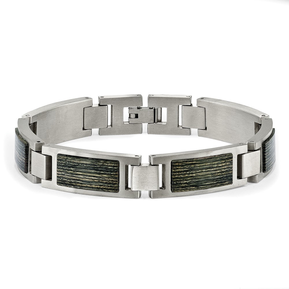 Chisel Stainless Steel Brushed with Grey Wood Inlay 8.75 inch Link Bracelet SRB2167-8.75